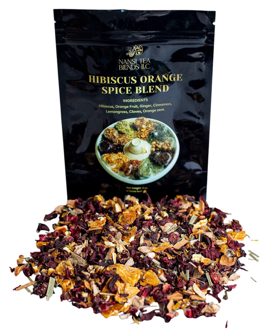 A pouch with Hibiscus Orange Spice Blend surrounded with loose leaf tea on white surface.