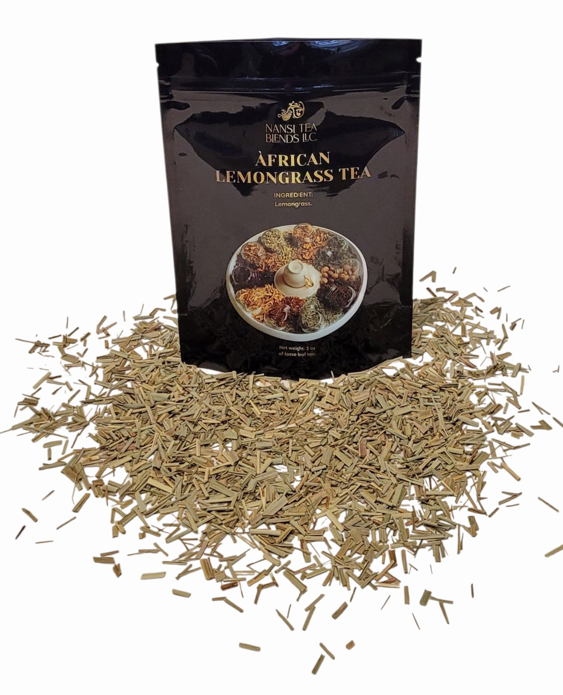 The front of a standing pouch with African Lemongrass Tea surrounded by loose leaf tea on a white background.