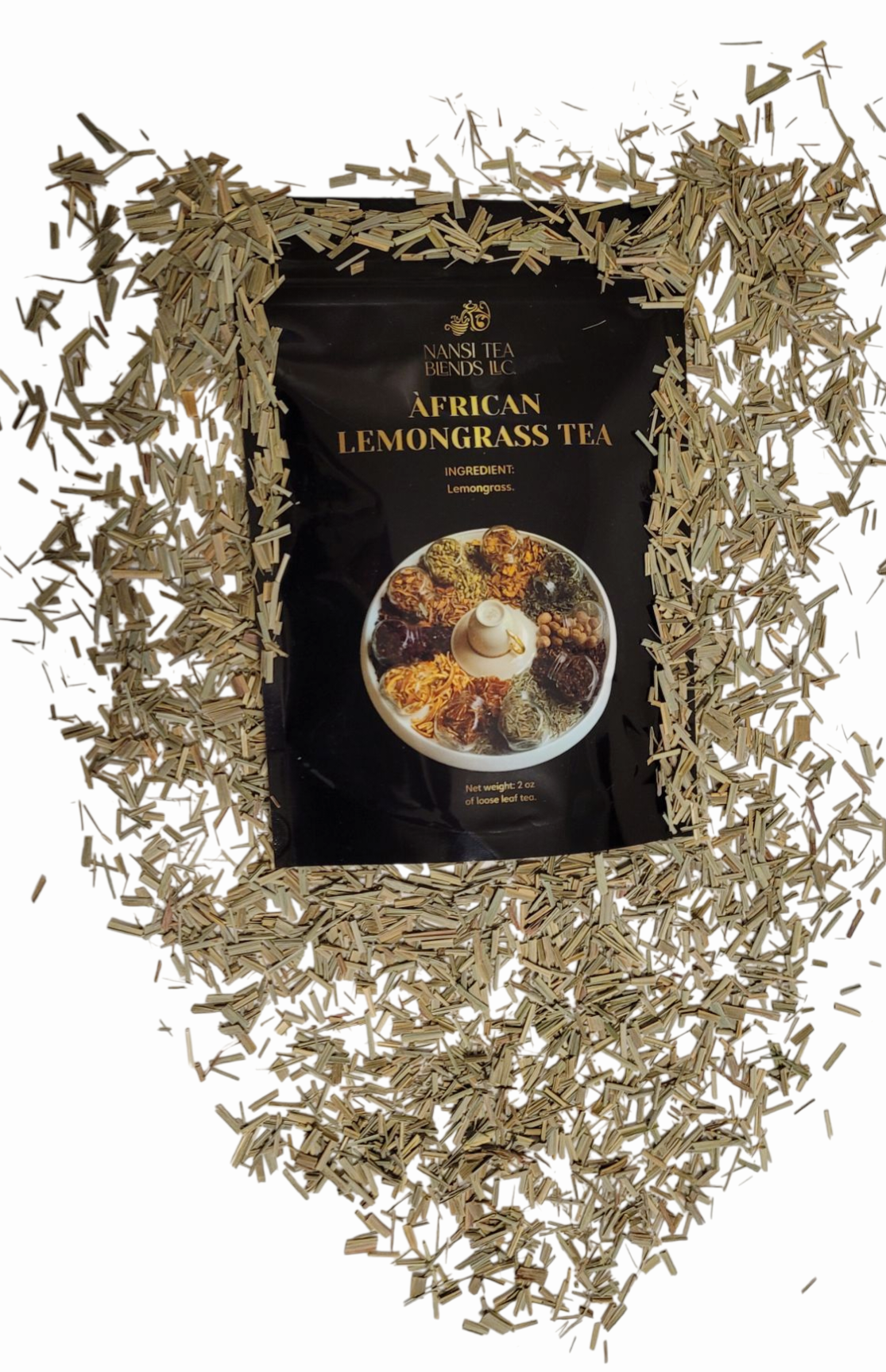 A pouch flat face up of African Lemongrass Tea surrounded by loose leaf tea on a white background.