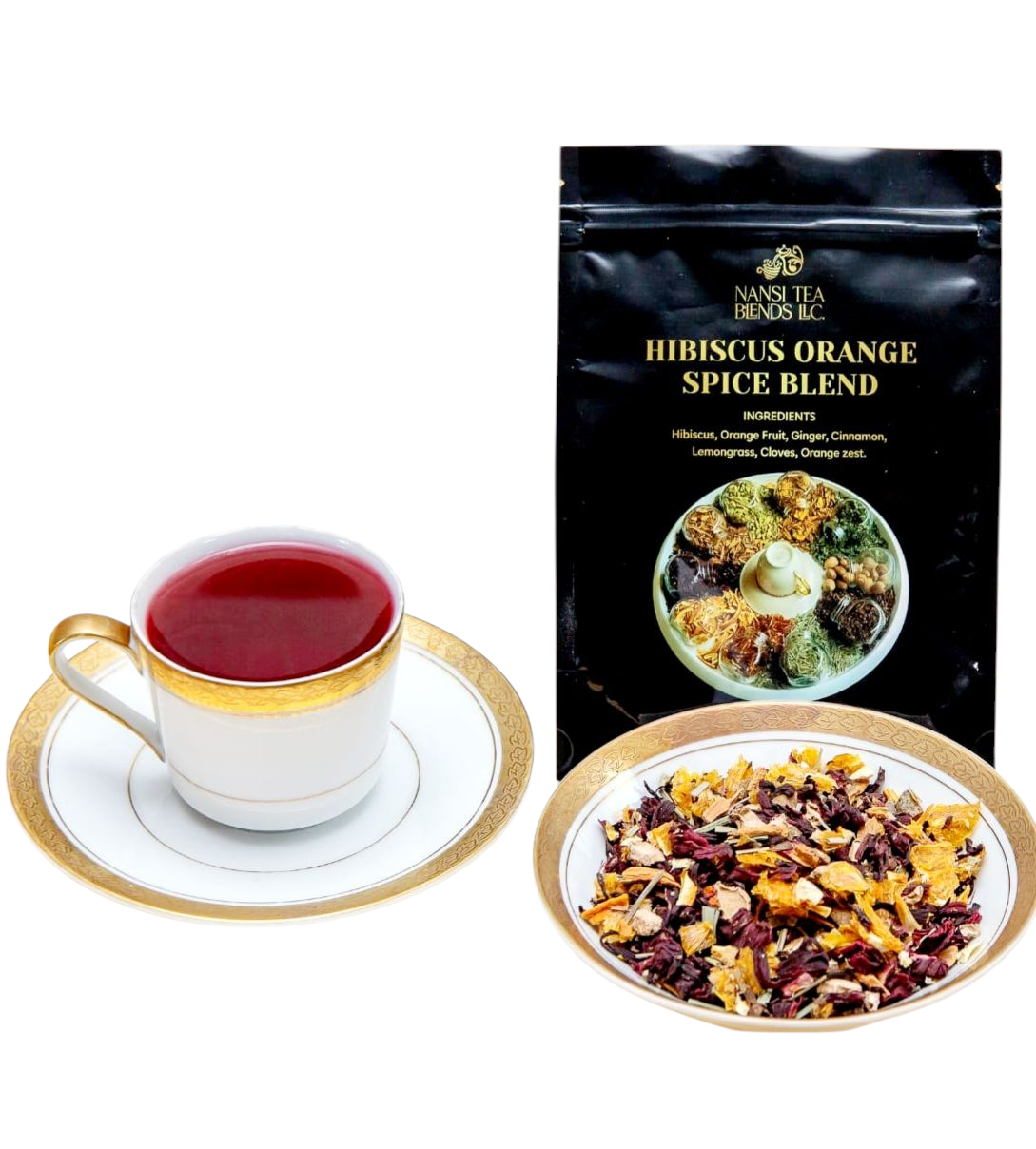 A cup of Hibiscus Orange Spice Blend with saucer, a standing pouch, and loose leaf tea in a small glass bowl placed on white background.
