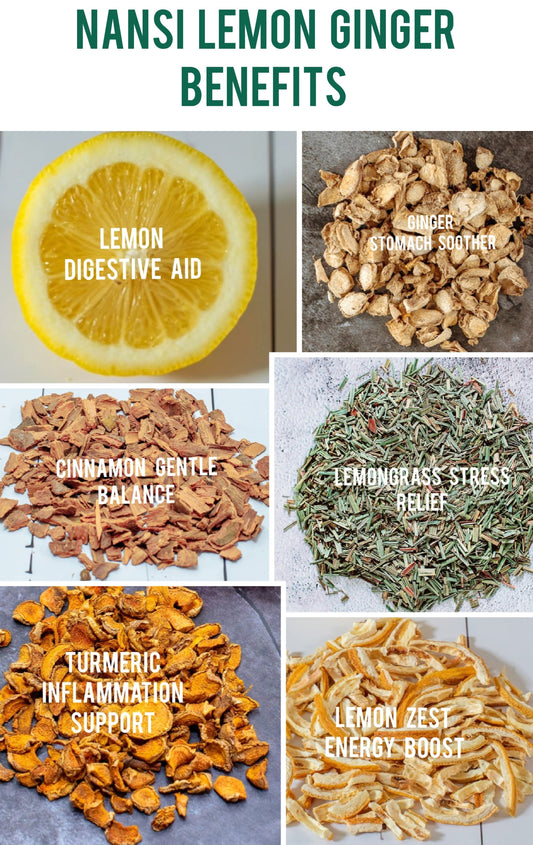 Lemon digestive aide. Ginger stomach soother. Cinnamon gentle balance. Lemongrass stress relief. Turmeric inflammation support.  Lemon zest energy boost.
