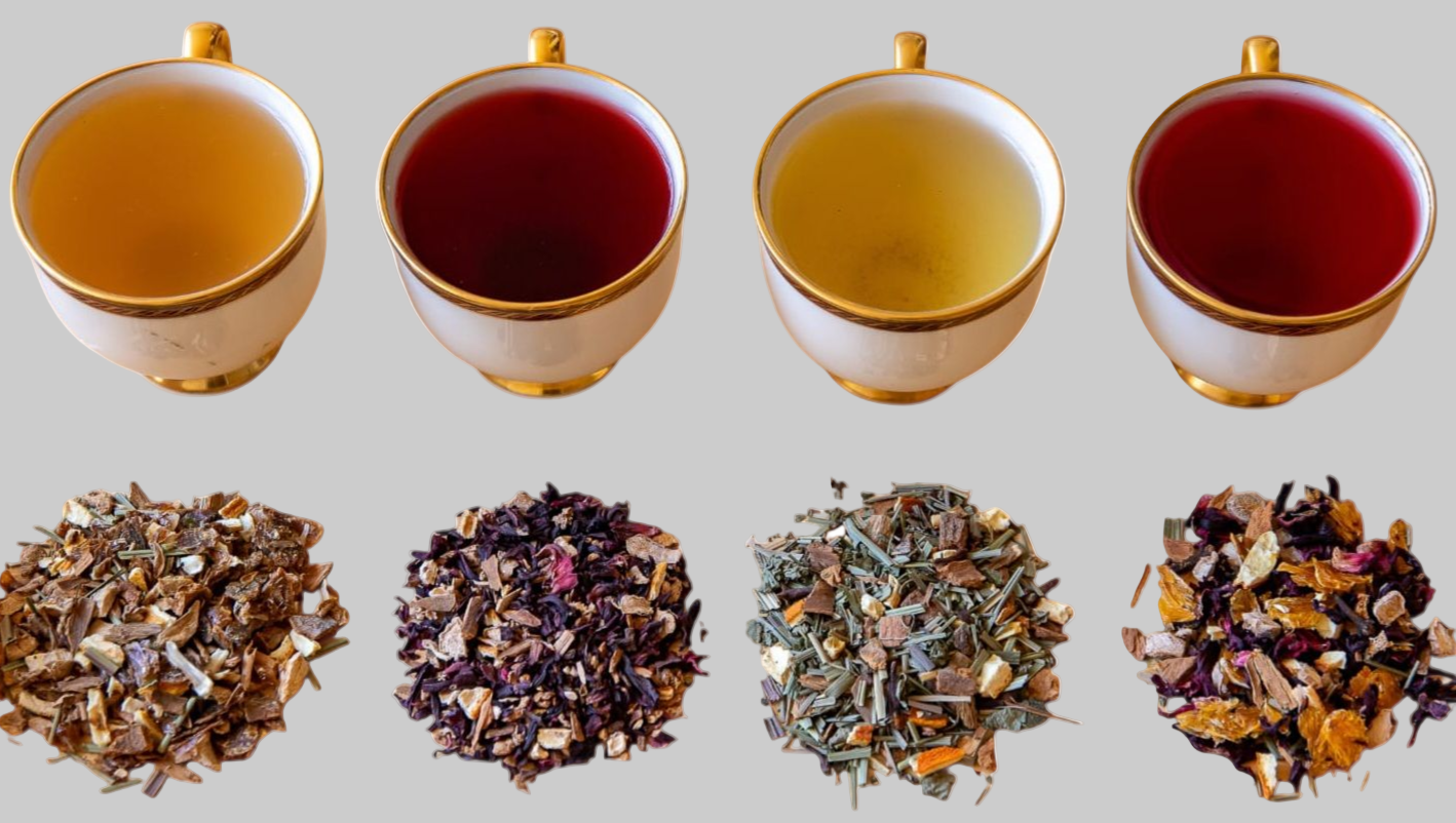 Four cups of tea with their corresponding dry loose leaf varieties on a light background