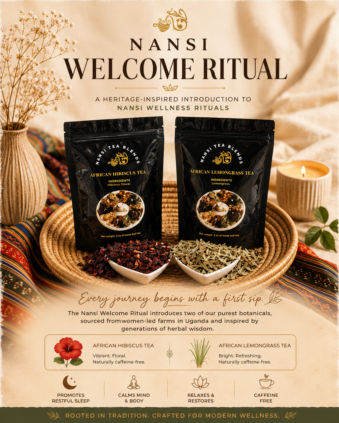 NANSI WELCOME RITUAL. African Hibiscus Tea, African Lemongrass Tea.