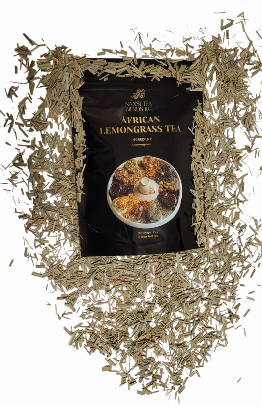 A pouch flat face up of African Lemongrass Tea surrounded by loose leaf tea on a white background.