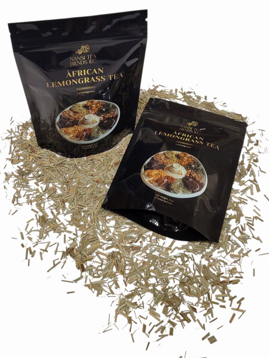 1 pouch standing, another laid down face up of African Lemongrass Tea surrounded by loose leaf tea on a white background. 