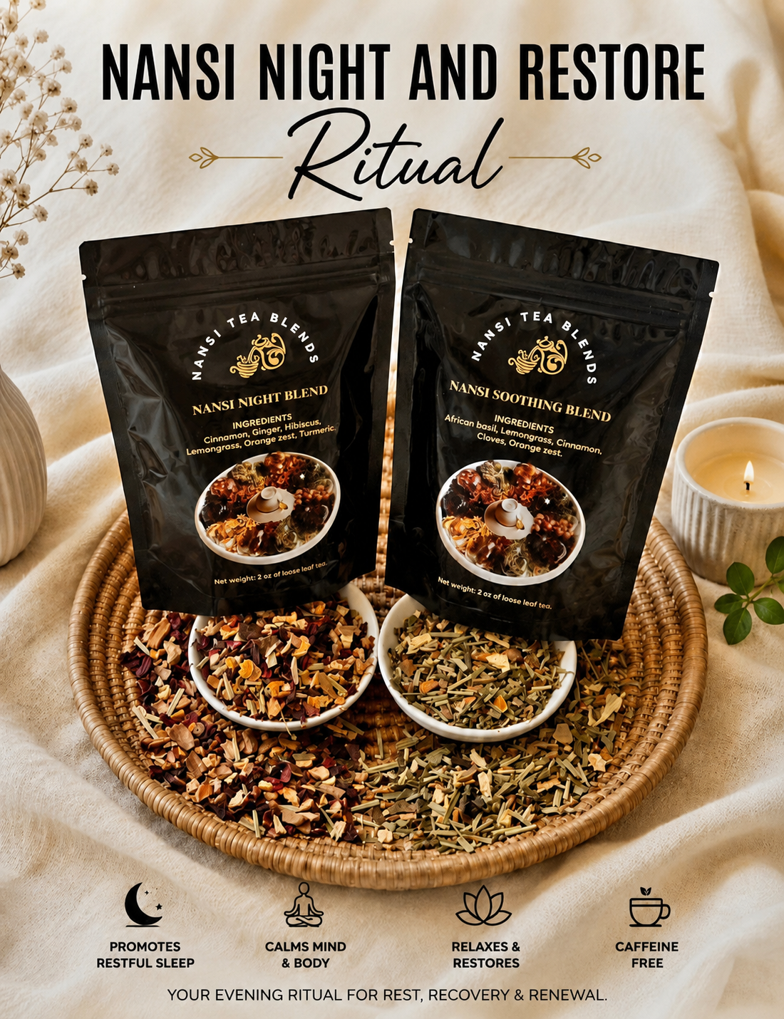 NANSI NIGHT AND RESTORE RITUAL for evening calm, rest, recovery, and renewal.
