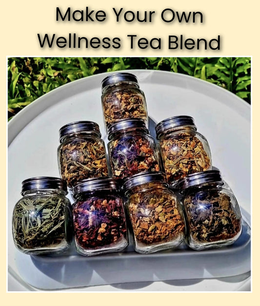 Make Your Own Wellness Tea Blend 🌿 What's Included: A sample ingredient kit, and postage. Cost $15.00 + $24.99 for 2 oz curated personal wellness blend. Total Price= $39.99